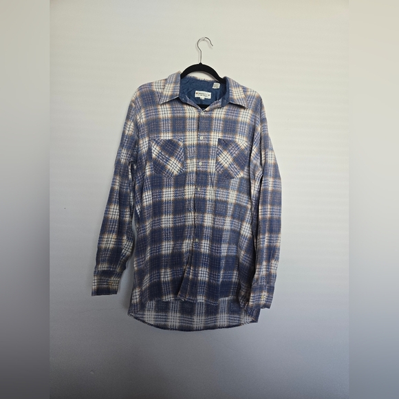 VTG The Highlander Flannel by Bud Burma Plaid Blue and White Men's Shirt - Picture 1 of 6